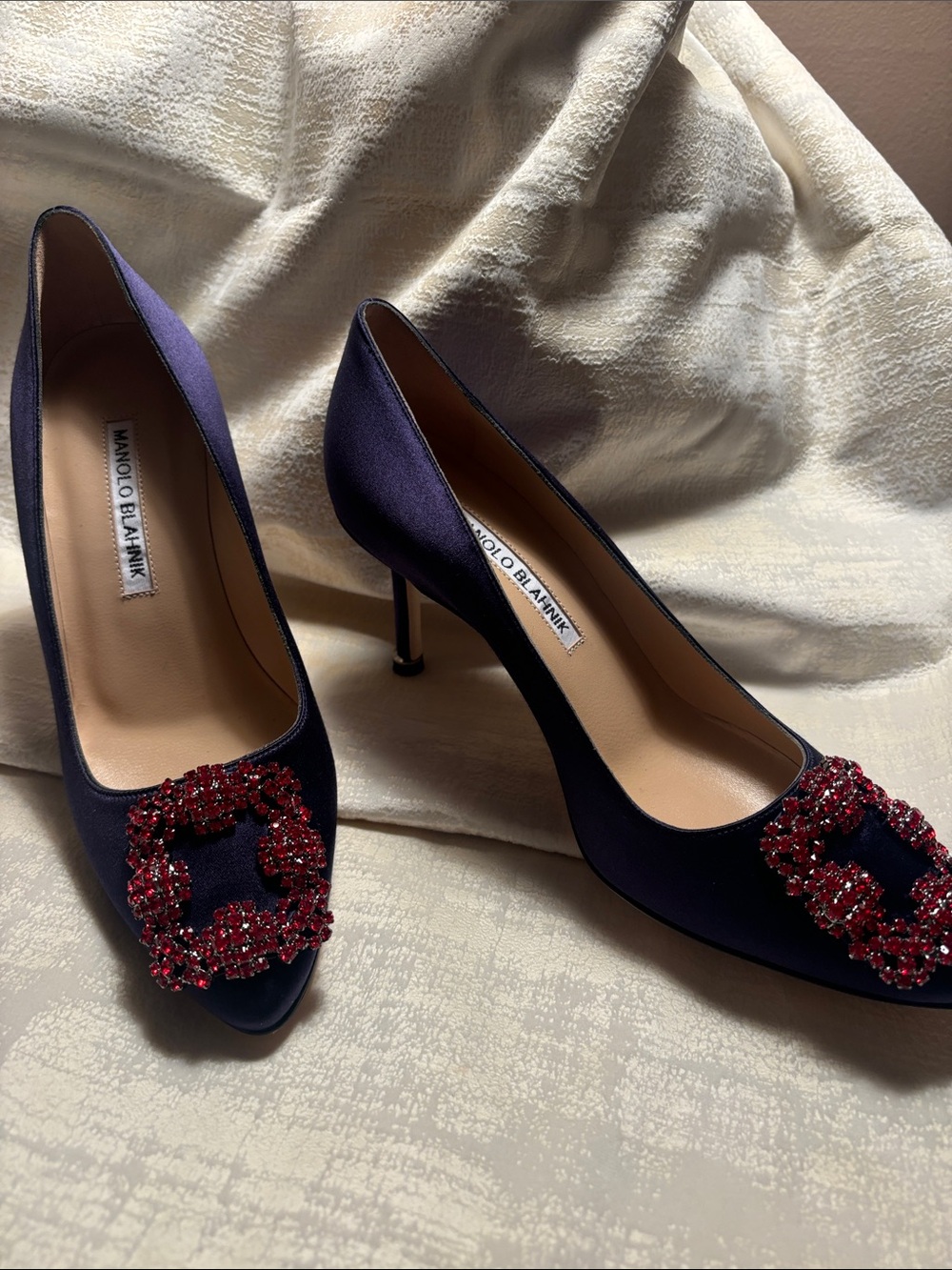 Manolo Blahnik Navy Satin Pumps with Red Crystal Buckles